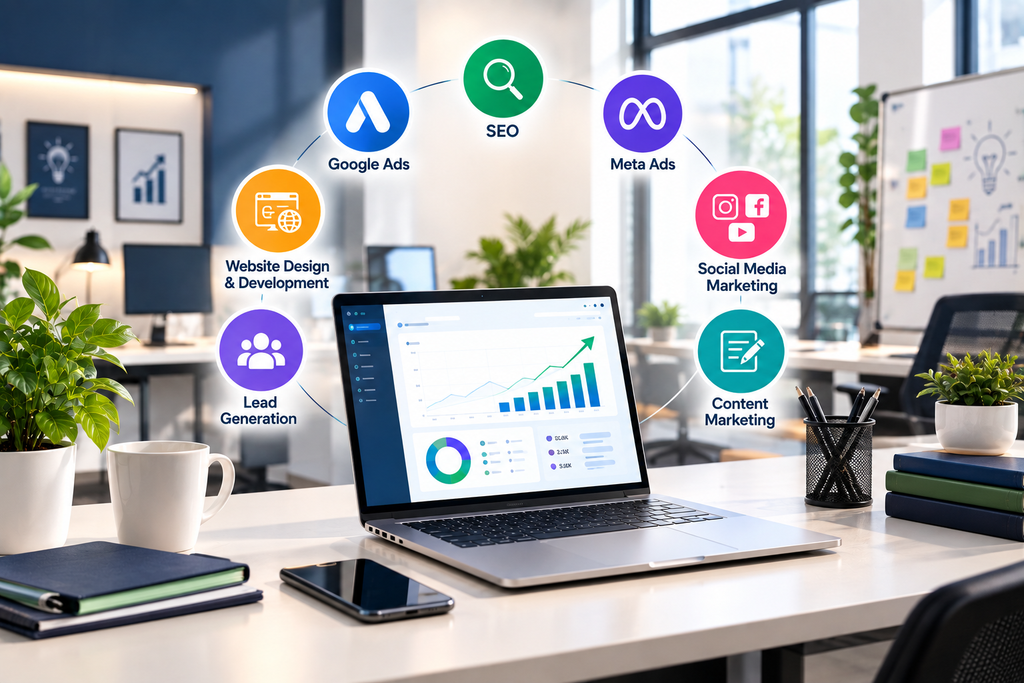 Modern digital marketing agency office with a laptop displaying analytics, surrounded by SEO, Google Ads, social media marketing, content marketing, and lead generation icons.